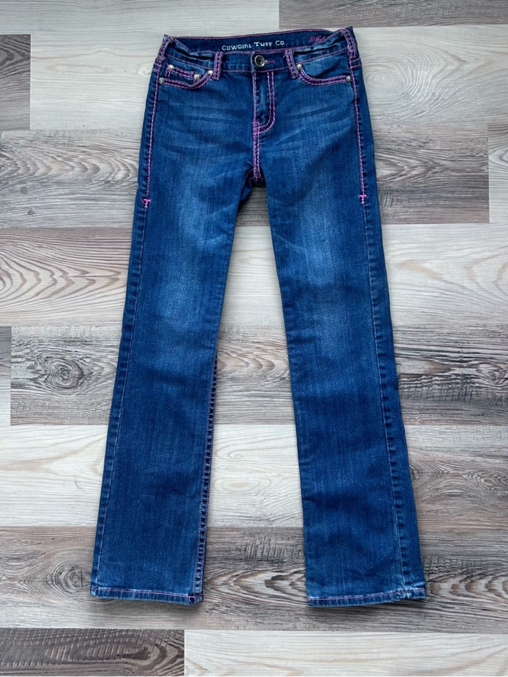 Cowgirl Tuff Dark Blue Straight Leg Jeans with Pink Stitching